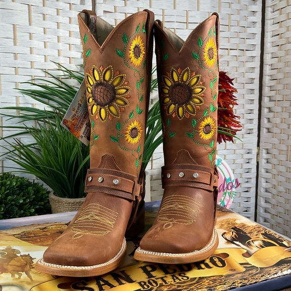 San Pedro Botas Shoes Nwt Womens Mexican Leather Boots Sunflowers Embroidered Boots 65